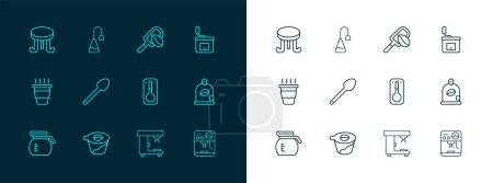 Illustration for Set line Manual coffee grinder, Pour over maker, Coffee thermometer, machine, Teaspoon, Spatula with grain, table and bag icon. Vector - Royalty Free Image