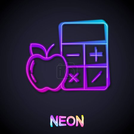 Illustration for Glowing neon line Calorie calculator icon isolated on isolated on black background. Calorie count. Diet. Weight loss. Portion control. Healthy eating. Dietary nutrition.  Vector - Royalty Free Image