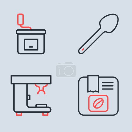 Illustration for Set line Teaspoon, Coffee machine, Bag coffee beans and Manual grinder icon. Vector - Royalty Free Image