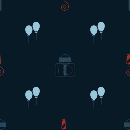 Ilustración de Establecer cuerno de fiesta de cumpleaños, piruleta y globos con cinta en el patrón sin costuras. Vector - Imagen libre de derechos