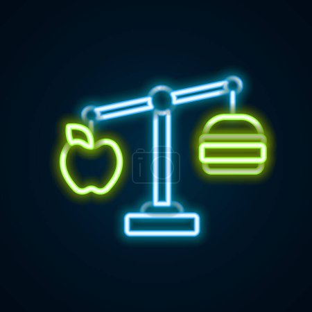 Illustration for Glowing neon line Calorie calculator icon isolated on isolated on black background. Calorie count. Diet. Weight loss. Portion control. Healthy eating. Dietary nutrition. Colorful outline concept. Vector - Royalty Free Image