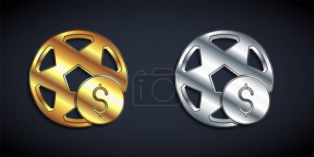 Gold and silver Soccer football betting money icon isolated on black background. Football bet bookmaker. Soccer betting online make money. Long shadow style. Vector