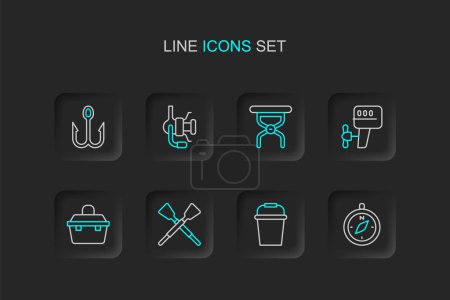 Illustration for Set line Compass, Fishing bucket, Crossed oars or paddles boat, Case box for fishing equipment, Outboard motor, Camping folding chair, Spinning reel and hook icon. Vector - Royalty Free Image