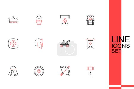 Illustration for Set line Battle hammer, Medieval bow and arrow, Round shield, helmet, flag, catapult,  and Crusade icon. Vector - Royalty Free Image