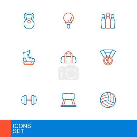 Set line Volleyball ball, Pommel horse, Dumbbell, Medal, Skates, Sport bag, Bowling pin and Golf on tee icon. Vector
