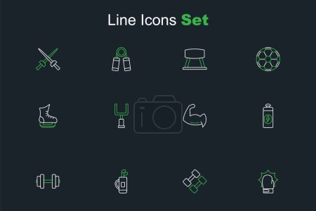 Set line Punch in boxing gloves, Dumbbell, Golf bag with clubs, Fitness shaker, Bodybuilder showing his muscles, American football goal post and Skates icon. Vector