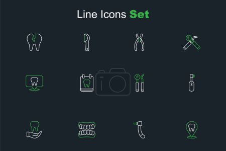 Illustration for Set line Dental clinic location, Tooth drill, Dentures model, Electric toothbrush, mirror and probe, Calendar with and  icon. Vector - Royalty Free Image