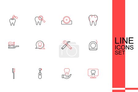 Illustration for Set line Dental clinic location, Tooth, Electric toothbrush, Toothbrush, floss, mirror and probe,  and with toothpaste icon. Vector - Royalty Free Image