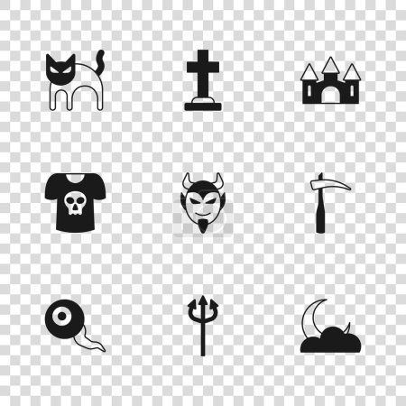 Téléchargez les illustrations : Set Trident diable, Scythe, Lune et étoiles, tête du diable, château, chat noir, pierre tombale avec croix et icône de crâne de chemise. Vecteur - en licence libre de droit