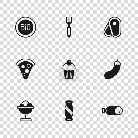 Téléchargez les illustrations : Set Candy, aubergine, saucisse de salami, muffin, viande de steak, bannière pour bio, fourchette et tranche de pizza icône. Vecteur - en licence libre de droit