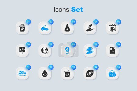 Set Water energy, Earth with shield, Electric car, Garbage truck, mill, Radioactive waste in barrel, Trash can and Light bulb leaf icon. Vector