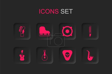 Set Mandolin, Grand piano, Guitar neck, pick, Flute, Saxophone, Stereo speaker and Electric bass guitar icon. Vector