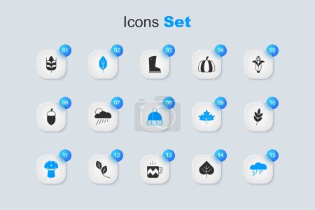 Set Leaf, Cloud with rain and sun, Mushroom, lightning, Wheat and Winter hat icon. Vector