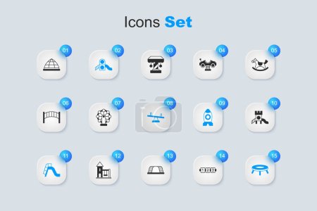 Set Education logic game, Ferris wheel, Slide playground, Jumping trampoline, Playground climbing equipment and Seesaw icon. Vector