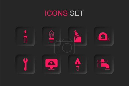 Set Worker safety helmet, Light bulb, Screwdriver, Trowel, Roulette construction, Water tap, Paint bucket with brush and Wrench spanner icon. Vector