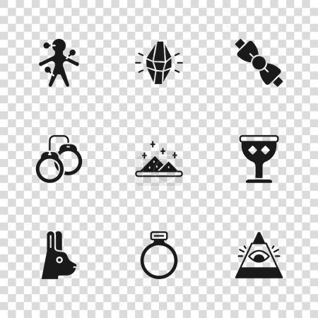 Set Magic stone ring, Medieval goblet, All-seeing eye of God, powder, Bow tie, Voodoo doll,  and Handcuffs icon. Vector