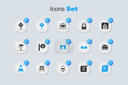 Set Online ticket booking, Cafe and restaurant location, Exclamation mark square, Traffic cone, Passport, Coal train wagon, Railroad crossing and Railway tunnel icon. Vector