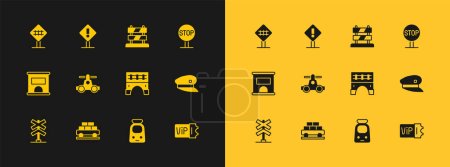 Illustration for Set Stop sign, Cargo train wagon, Bridge for, Train and railway, Handcar transportation, End of tracks, Railroad crossing and Exclamation mark square icon. Vector - Royalty Free Image