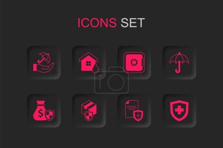 Set Delivery security with shield, House flood, Umbrella in hand, Contract, Life insurance, Safe and Money bag icon. Vector