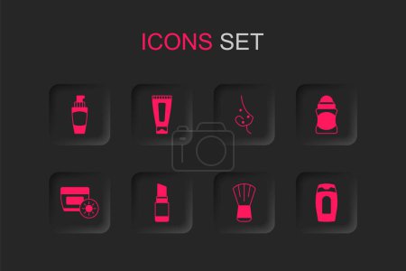 Set Lipstick, Cream or lotion cosmetic tube, Tube of hand cream, Makeup brush, Deodorant roll, Bottle shampoo, Acne and Sunscreen in icon. Vector