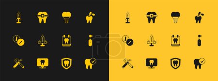 Illustration for Set Tooth with caries and drill, Dental clinic location, Calendar tooth, protection, Syringe, implant,  and Teeth braces icon. Vector - Royalty Free Image