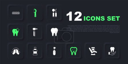 Illustration for Set Medical dental chair, Tooth, drill, Broken tooth, whitening, Mouthwash, Dental floss and Electric toothbrush icon. Vector - Royalty Free Image
