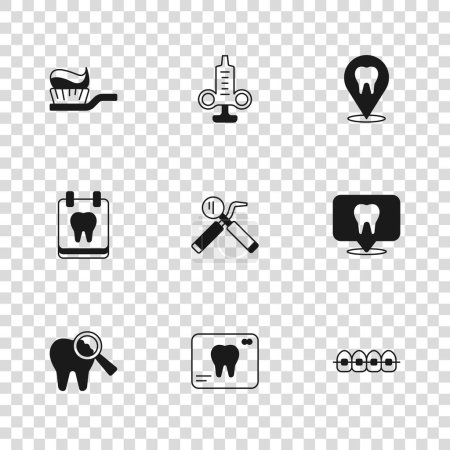 Illustration for Set X-ray of tooth, Dental clinic location, Teeth with braces, mirror and probe, Toothbrush toothpaste, Syringe and Calendar icon. Vector - Royalty Free Image