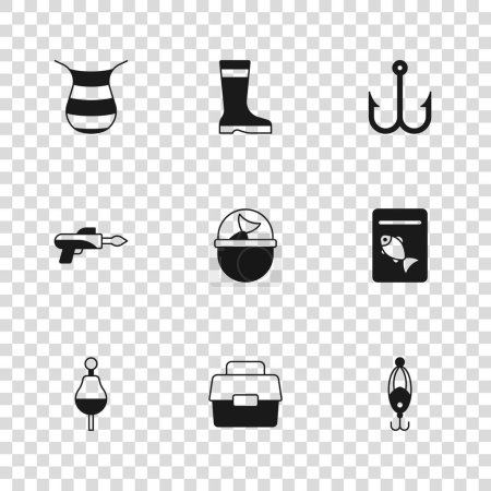 Illustration for Set Case or box for fishing, Served on plate, Fishing lure, bucket with, hook, net, boots and harpoon icon. Vector - Royalty Free Image