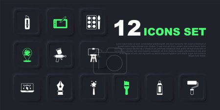 Set Tube with paint palette, Paint roller brush, spray gun, Fountain pen nib, Graphic tablet and Magic wand icon. Vector