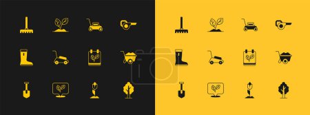 Set Leaf garden blower, Calendar with autumn leaves, Flower tulip, Lawn mower, Garden rake and Sprout icon. Vector