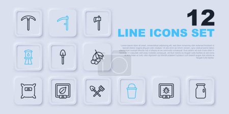 Set line Colorado beetle, Glass jar with screw-cap, Shovel, Bucket, Water tower, Seeds of specific plant, Scythe and and rake icon. Vector