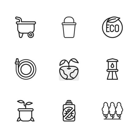 Set line Spray against insects, Water tower, Fruit trees, Apple, Eco healthy food, Wheelbarrow, Bucket and Garden hose icon. Vector