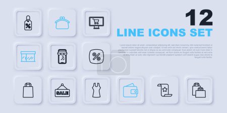 Set line Paper check and financial check, shopping bag, Online on phone, Wallet, Market store, Hanging sign with text Sale,  and Woman dress icon. Vector