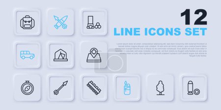 Set line Tree, Bullet, Tourist tent, Lighter, Safari car, Medieval arrow, Crossed bullet with and Hunting cartridge belt icon. Vector