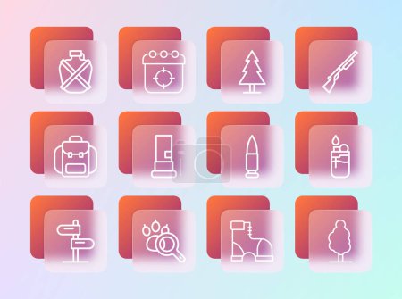 Illustration for Set line Hunting gun, Paw search, Bullet, Hunter boots, Cartridges, Tree, Canteen water bottle and Target sport icon. Vector - Royalty Free Image