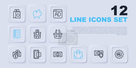 Set line Money with shield, Price tag Sale, Gift box, Paper shopping bag, Shopping list, Mobile, Piggy bank and Stacks paper money cash icon. Vector