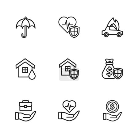 Set line Life insurance in hand, Money bag with shield, House, Burning car, Umbrella,  and flood icon. Vector