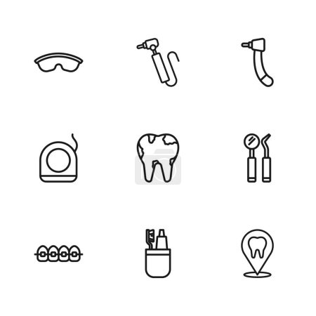 Illustration for Set line Toothbrush and toothpaste, Dental mirror probe, clinic location, Broken, drill, Safety goggle glasses,  and floss icon. Vector - Royalty Free Image