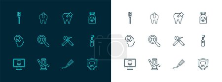 Illustration for Set line Toothache painkiller tablet, Medical dental chair, Dental mirror and probe, Tube of toothpaste, search, whitening, Toothbrush and Broken icon. Vector - Royalty Free Image