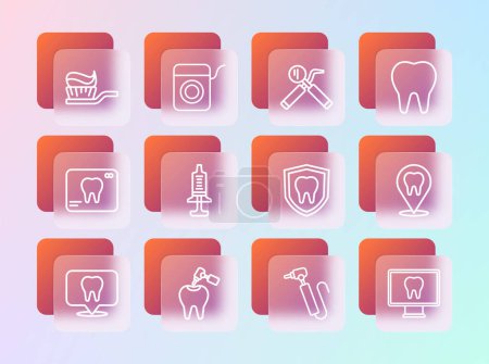 Illustration for Set line Tooth, with caries and drill, Dental protection, Syringe, mirror probe, Toothbrush toothpaste and floss icon. Vector - Royalty Free Image