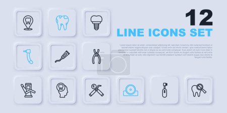 Illustration for Set line Electric toothbrush, Broken, Tube of toothpaste, Otolaryngological head reflector, Tooth drill, Toothache,  and Dental mirror and probe icon. Vector - Royalty Free Image