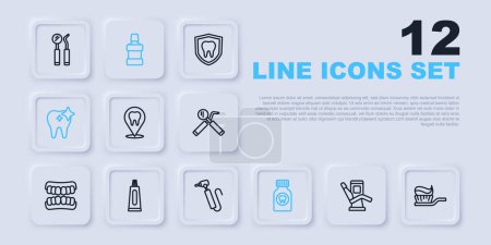 Illustration for Set line Medical dental chair, Toothbrush with toothpaste, Dental clinic location, Toothache painkiller tablet, whitening, Tube of, Mouthwash and drill icon. Vector - Royalty Free Image