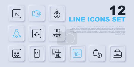 Set line shopping bag and dollar, Briefcase, Target financial goal, Page with 404 error, Consumer product rating, Magnifying glass mobile, Mobile and Advertising icon. Vector
