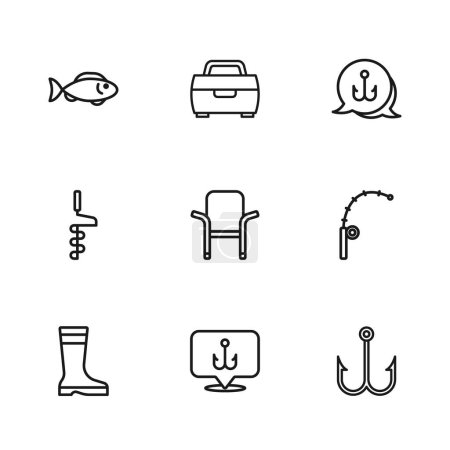 Ilustración de Set line Gancho de pesca, varilla, silla plegable de camping, estuche o caja para equipo de pesca e icono de taladro de hielo de mano. Vector - Imagen libre de derechos