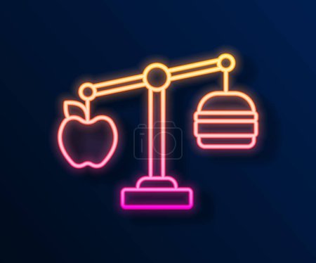 Illustration for Glowing neon line Calorie calculator icon isolated on isolated on black background. Calorie count. Diet. Weight loss. Portion control. Healthy eating. Dietary nutrition.  Vector - Royalty Free Image