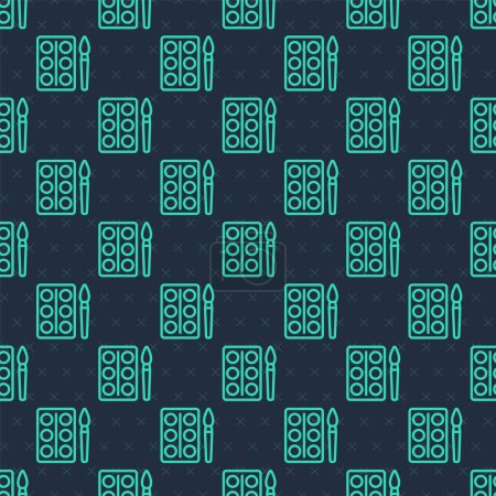 Green line Watercolor paints in box with paint brush icon isolated seamless pattern on blue background.  Vector