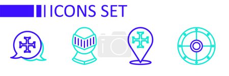 Illustration for Set line Round shield, Crusade, Medieval helmet and  icon. Vector - Royalty Free Image
