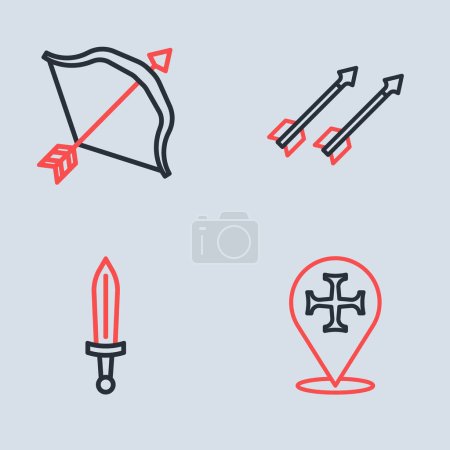 Fijar línea Flechas medievales, espada, cruzada y arco e icono. Vector