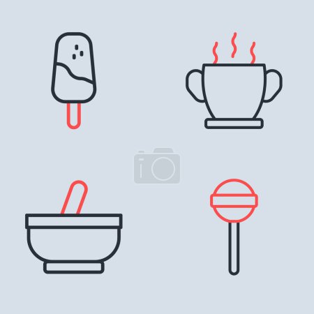 Ilustración de Set line Cuenco de sopa caliente, mortero y mortero, piruleta y helado icono. Vector - Imagen libre de derechos