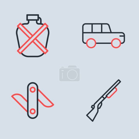 Set line Safari car, Swiss army knife, Hunting gun and Canteen water bottle icon. Vector